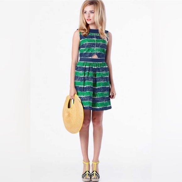 Dear Creatures Phoebe A Line Retro Blue Green Dress Medium Stripe Cut Out - Picture 9 of 9